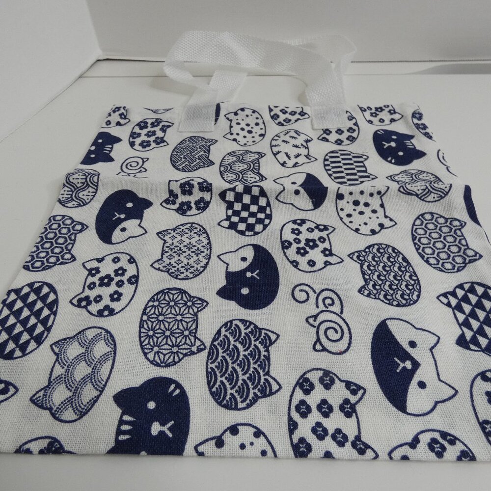 Cats Canvas Bag Blue White 9.5 x 10 Inches Small Tote Reusable NWOT